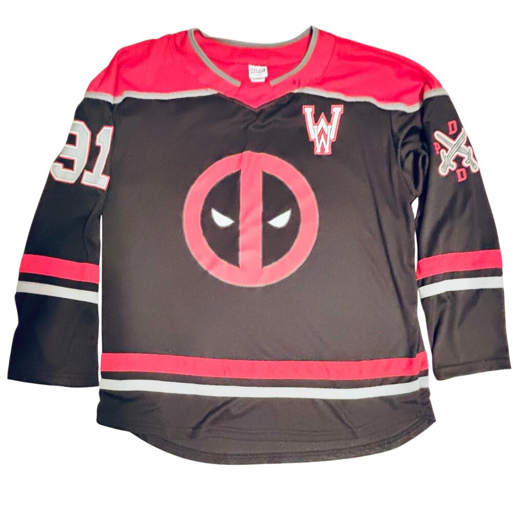 Marvel Deadpool Mens graphic Hockey red black Jersey sz Large